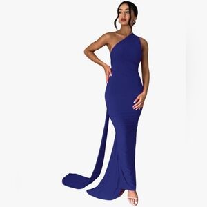Blue Sleeveless Ruched O Ring Long  Evening Gown